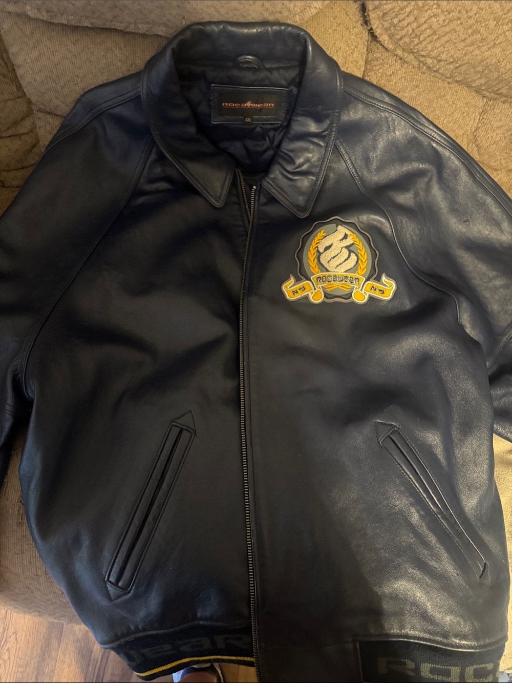 Rocawear Navy Leather Bomber with Crest Patch